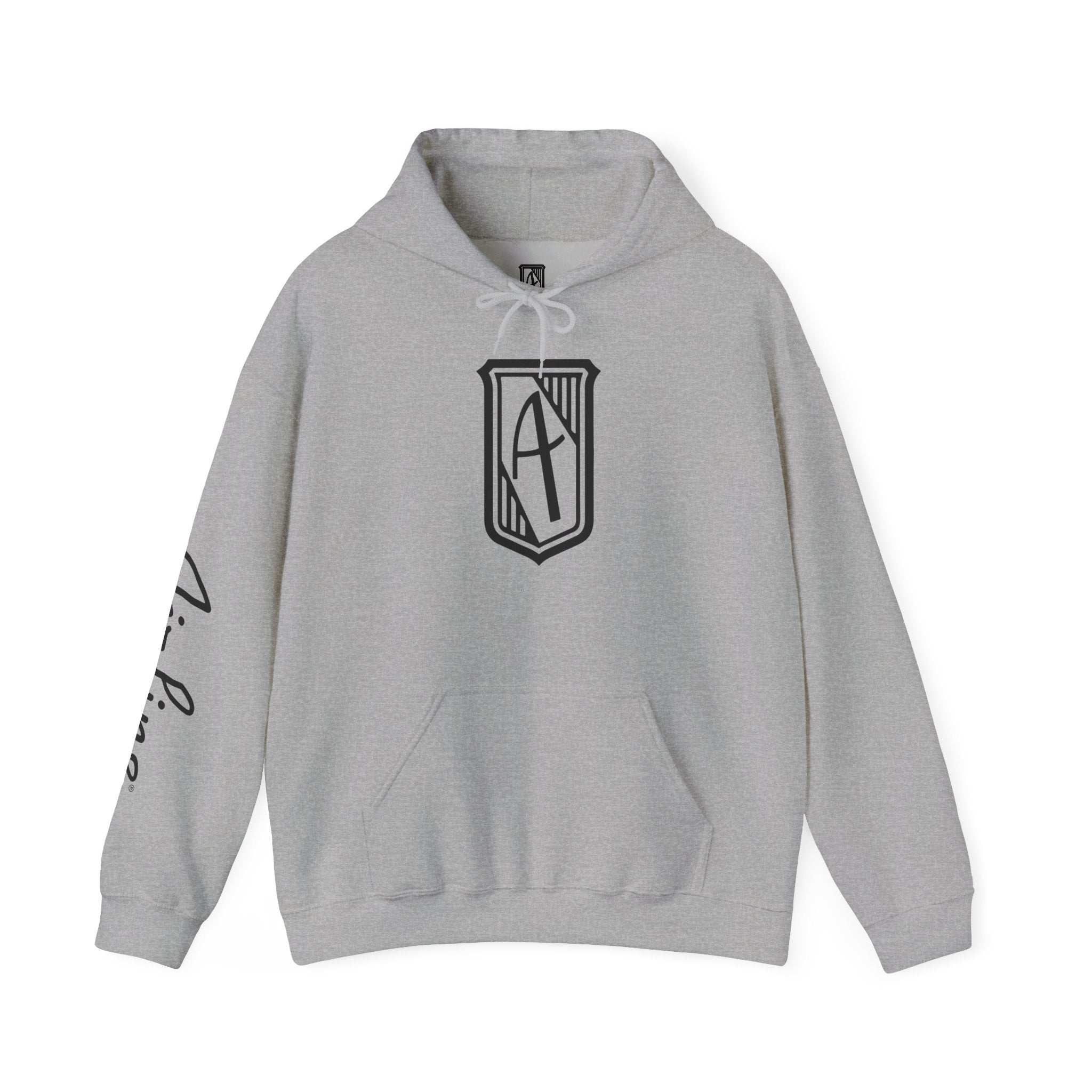 Hintline Airline Royal Badge Logo Hoodie — Minimalist Monogram Pullover with Sleeve Script