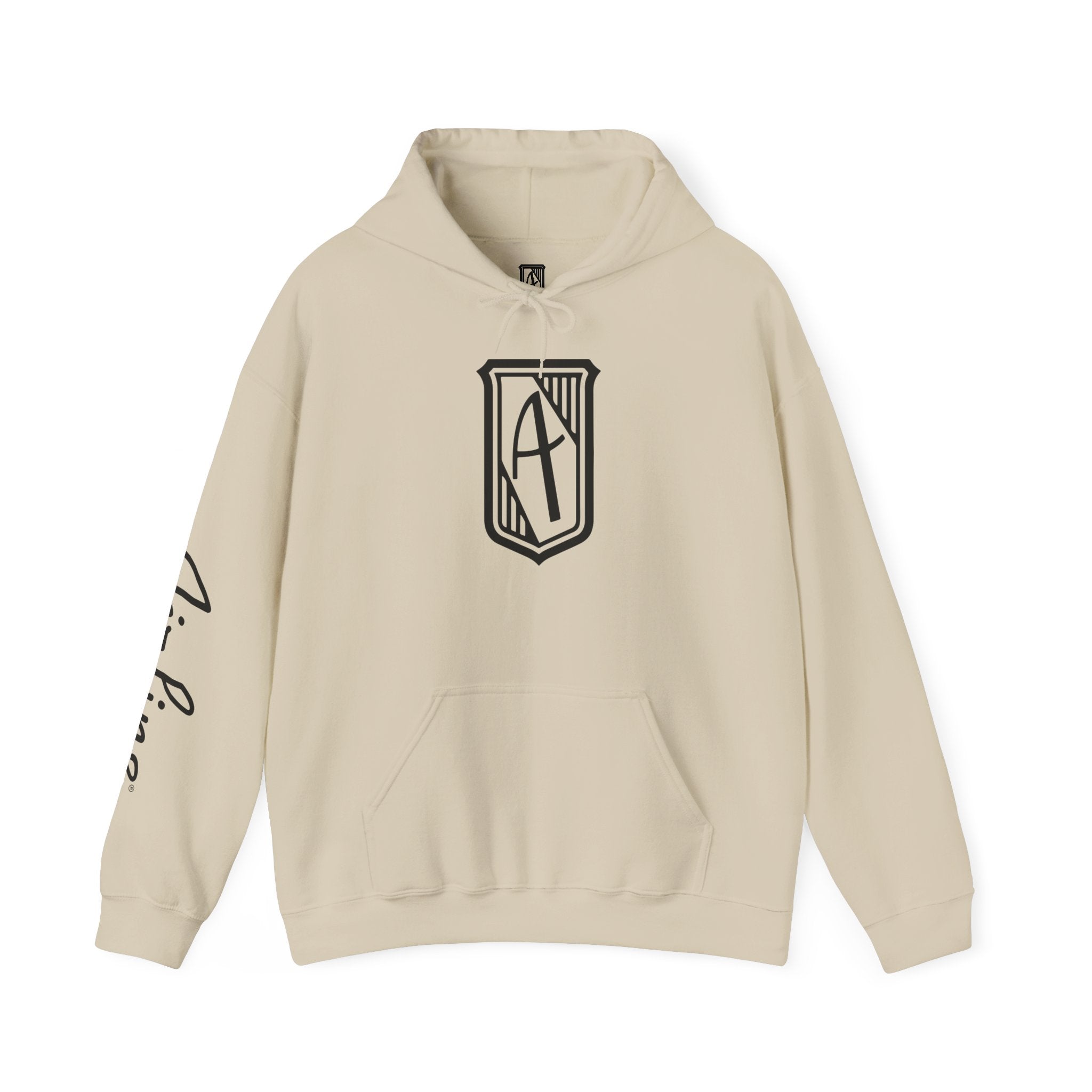 Hintline Airline Royal Badge Logo Hoodie — Minimalist Monogram Pullover with Sleeve Script