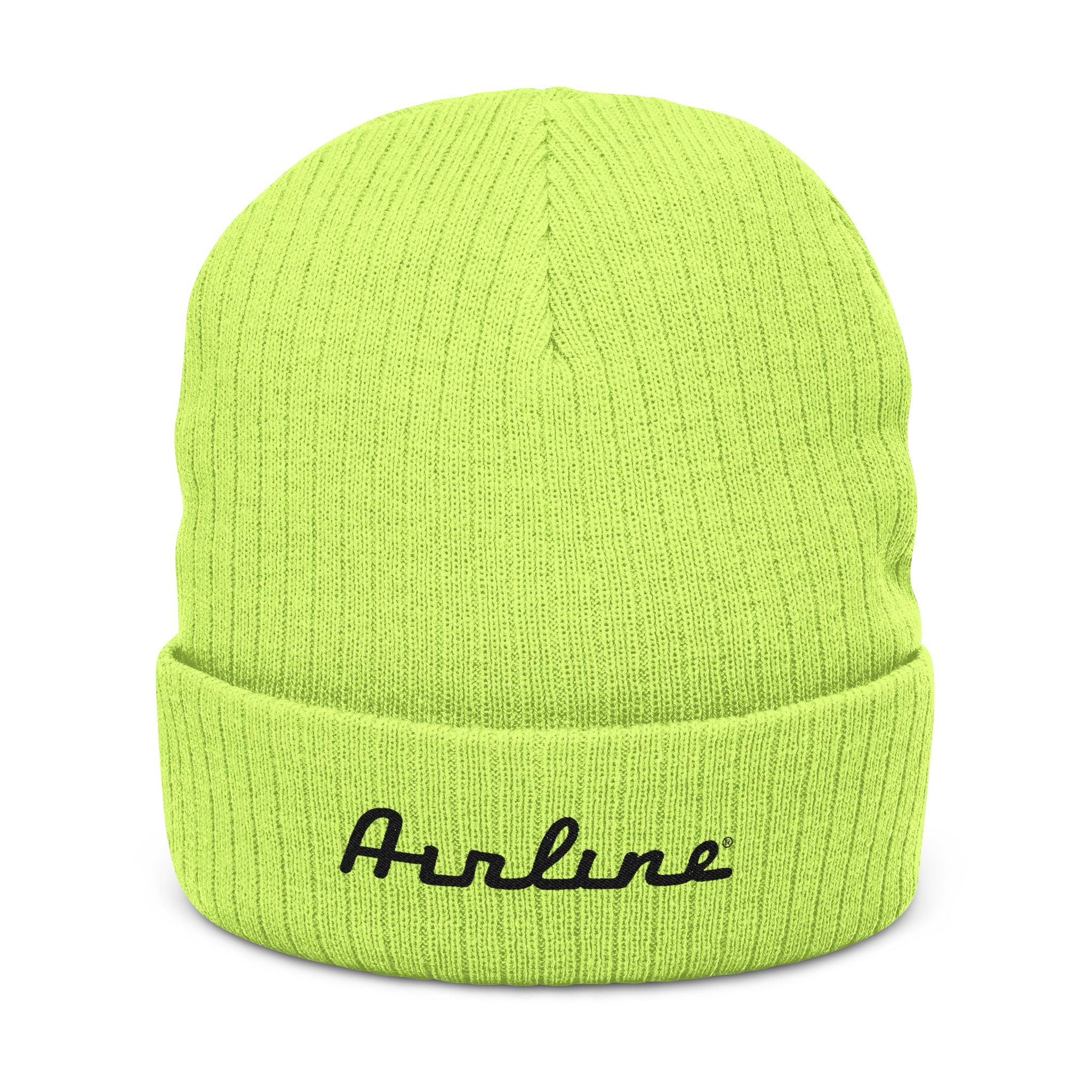 Embroidered "Airline" Ribbed Knit Beanie — Cozy Neutral Winter Hat