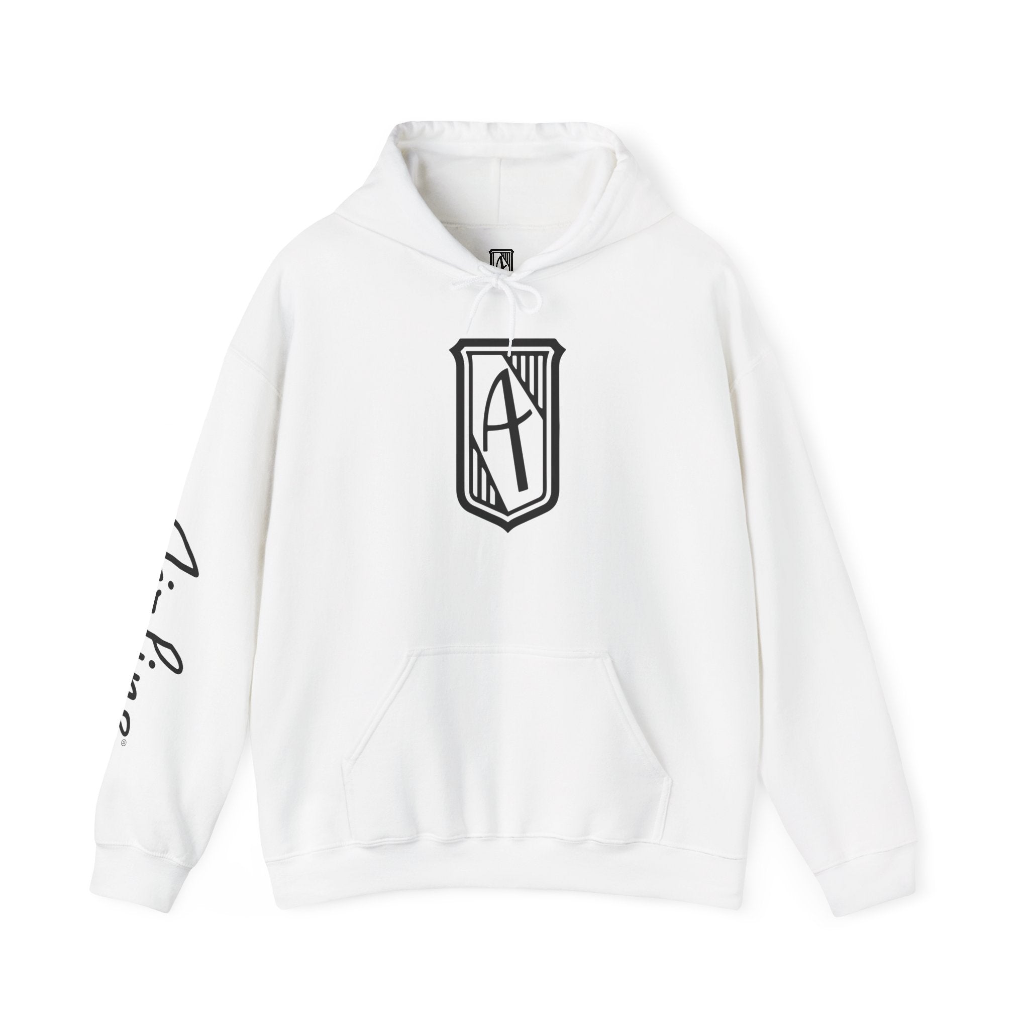 Hintline Airline Royal Badge Logo Hoodie — Minimalist Monogram Pullover with Sleeve Script