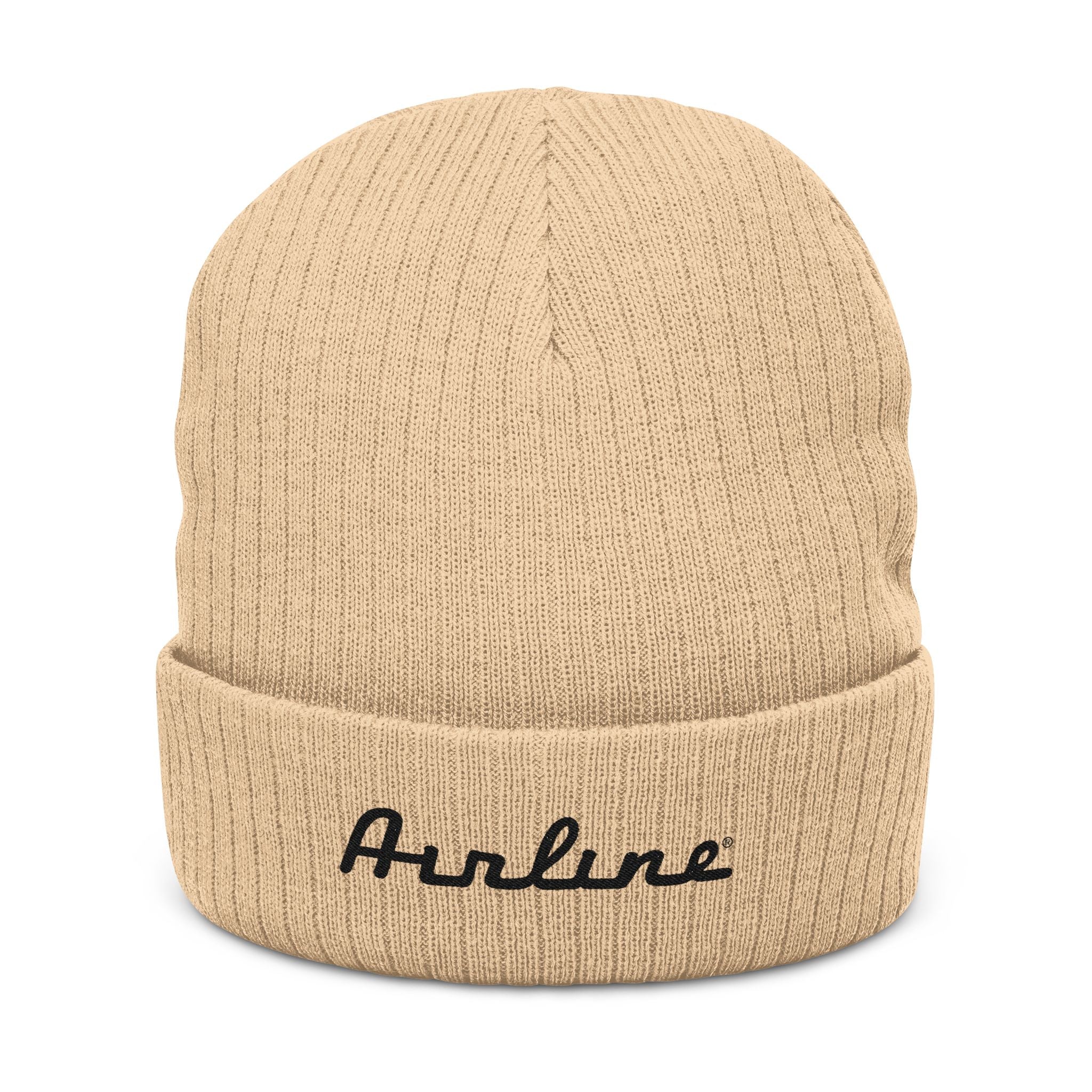 Embroidered "Airline" Ribbed Knit Beanie — Cozy Neutral Winter Hat