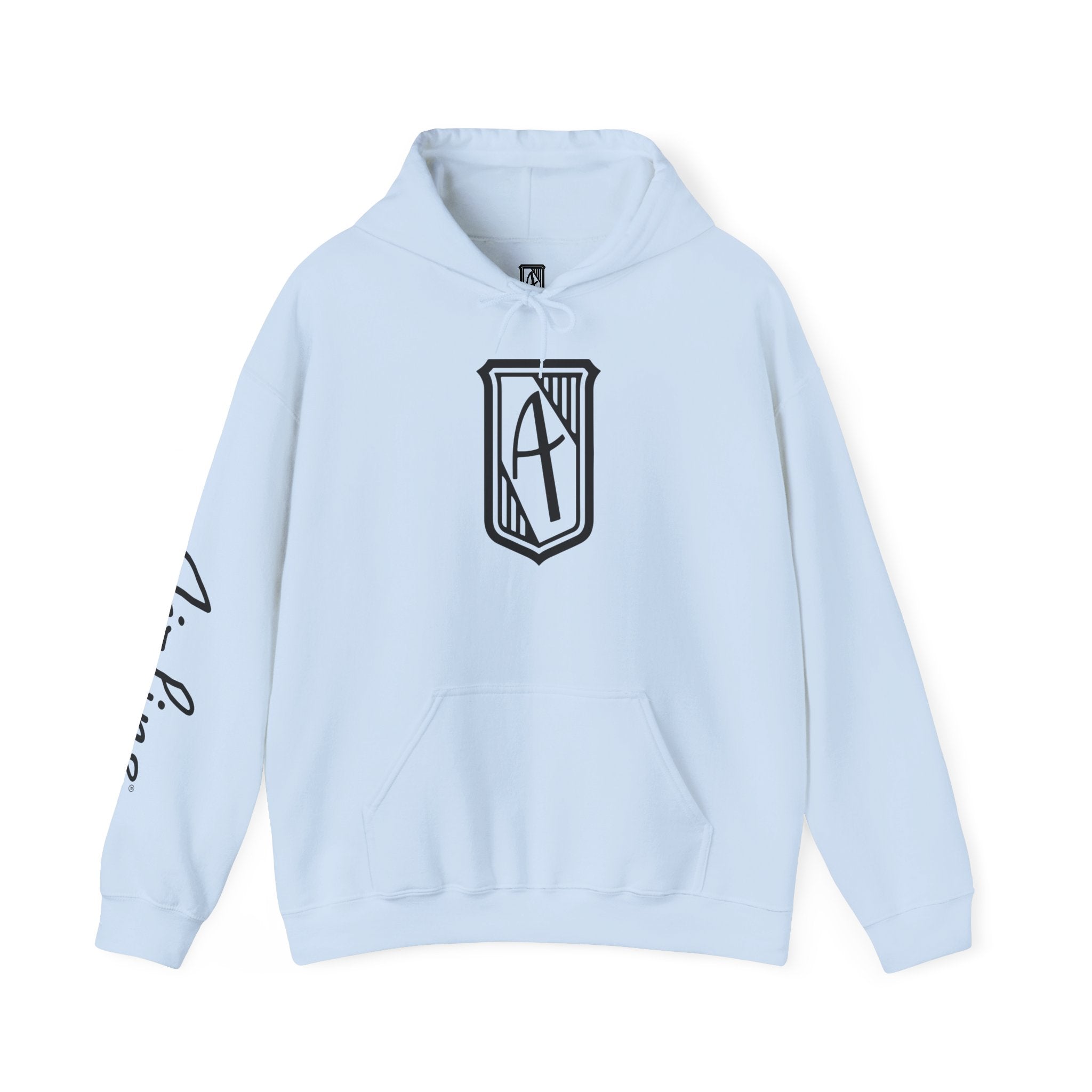 Hintline Airline Royal Badge Logo Hoodie — Minimalist Monogram Pullover with Sleeve Script