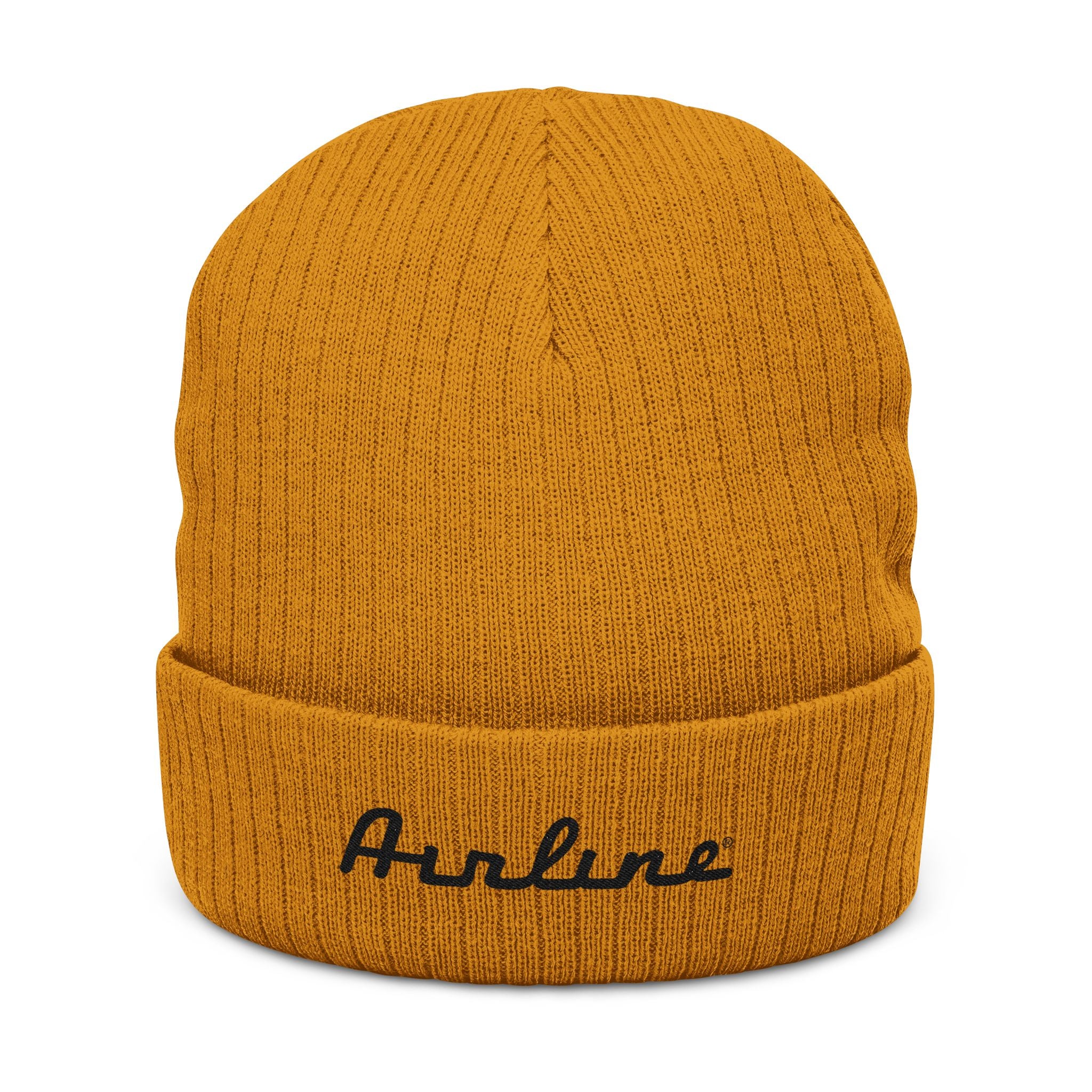 Embroidered "Airline" Ribbed Knit Beanie — Cozy Neutral Winter Hat