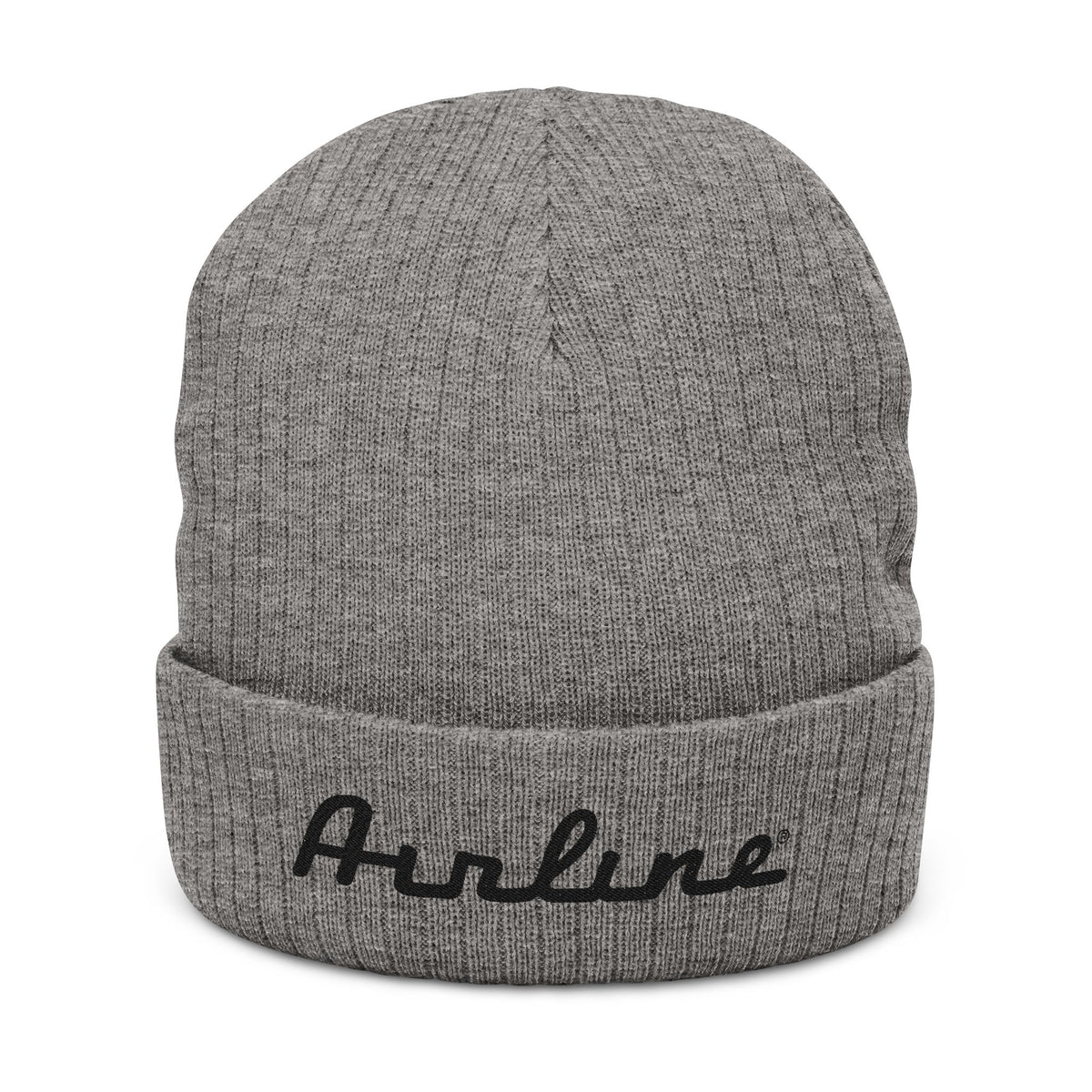 Embroidered "Airline" Ribbed Knit Beanie — Cozy Neutral Winter Hat