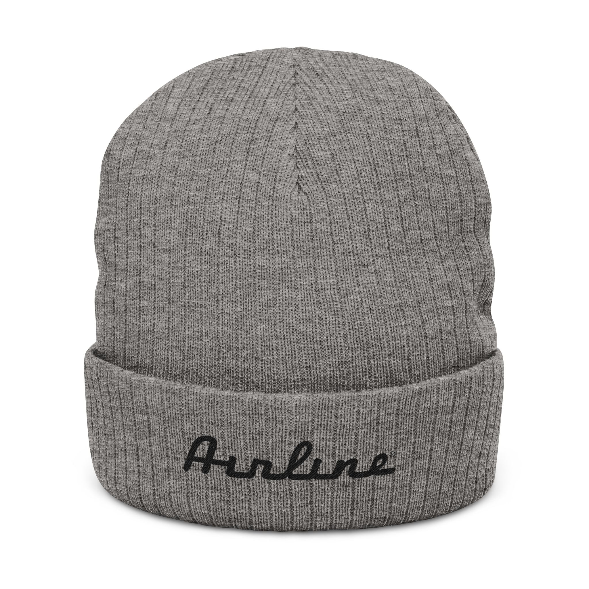 Embroidered "Airline" Ribbed Knit Beanie — Cozy Neutral Winter Hat