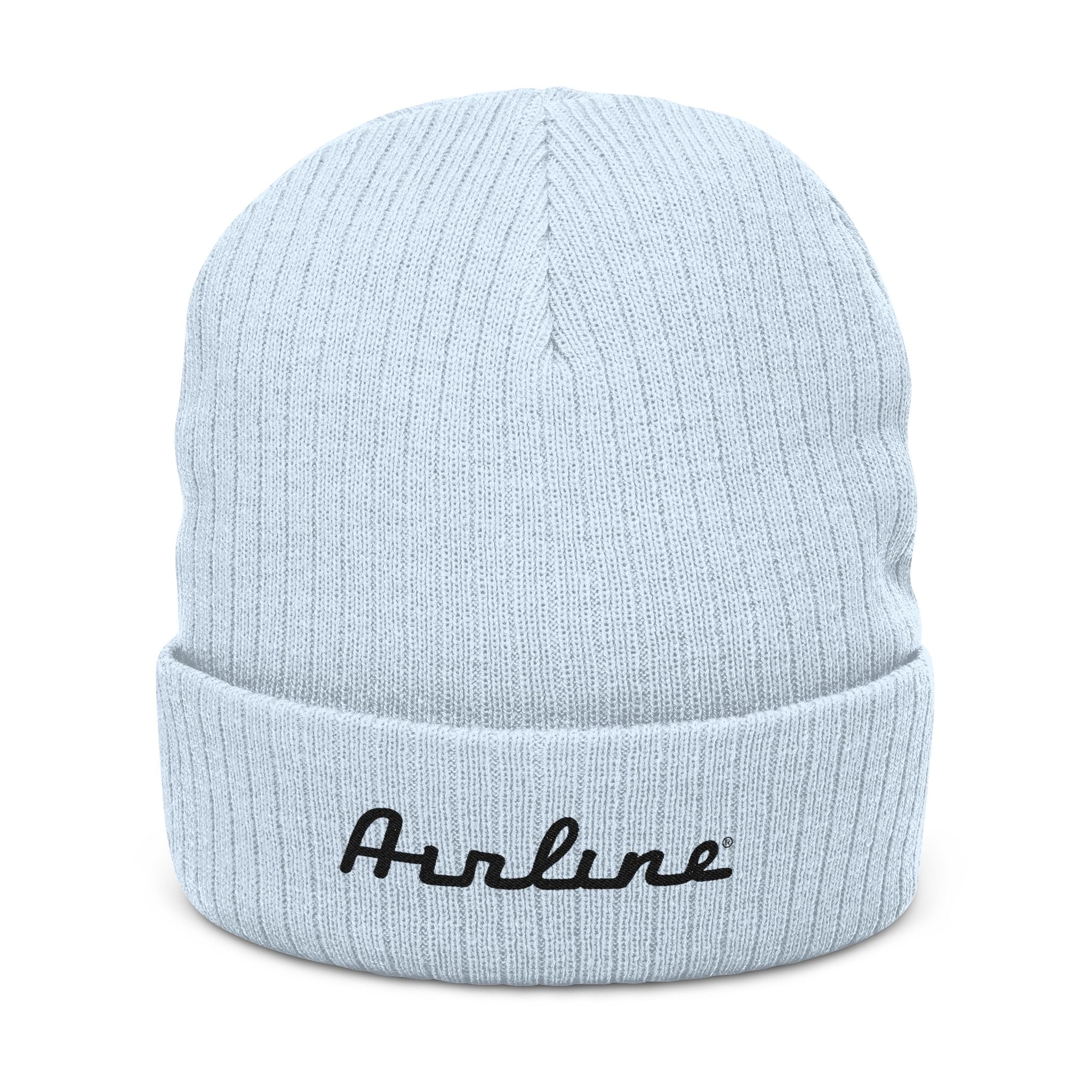 Embroidered "Airline" Ribbed Knit Beanie — Cozy Neutral Winter Hat