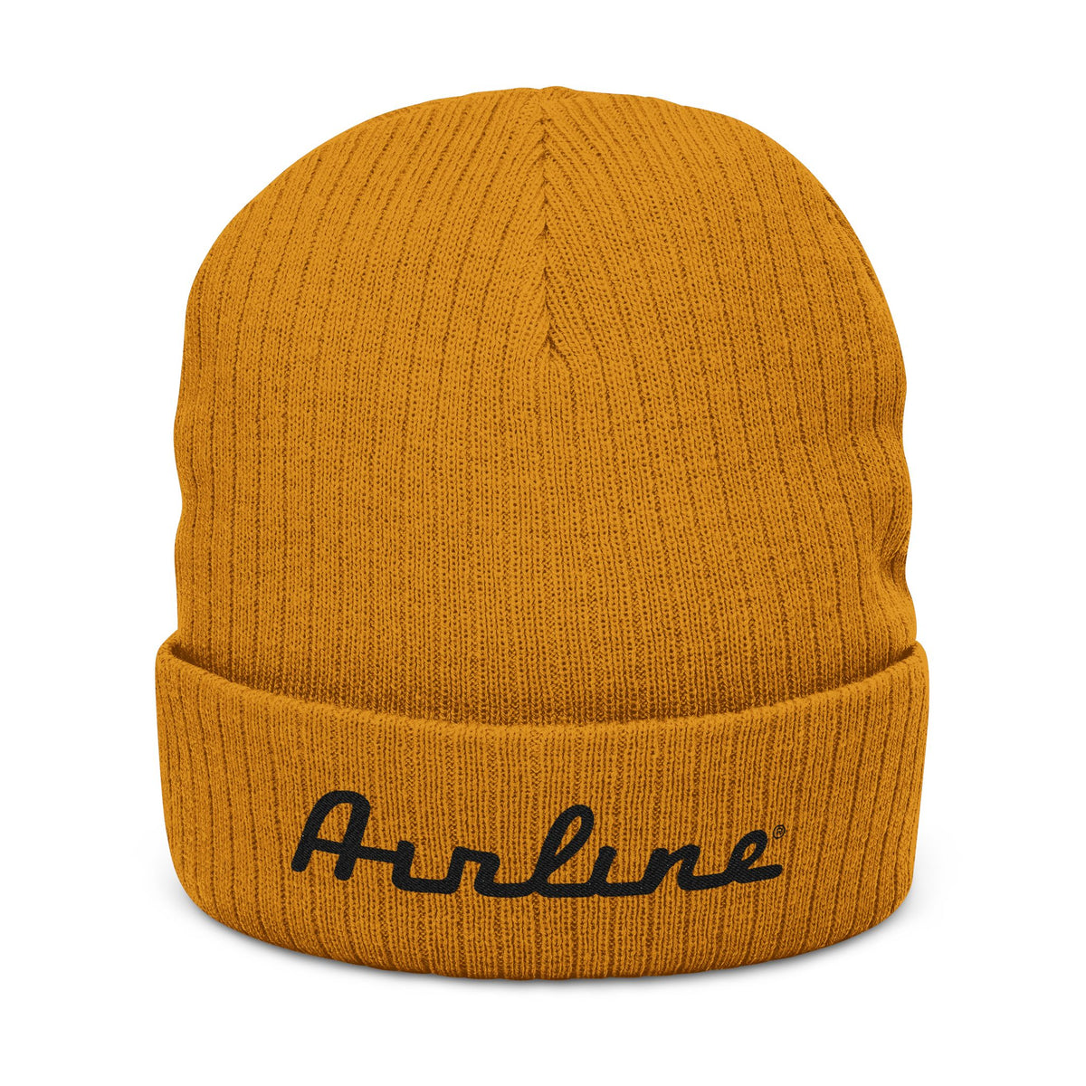 Embroidered "Airline" Ribbed Knit Beanie — Cozy Neutral Winter Hat
